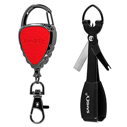 SAMSFX Quick Knot Tying Tool with Carabiner Zinger Retractor Fly Fishing Magnet Retractable Badge Holder and Multi-Tool Combo - color: Metal Zinger With Magnet & Black Knot Tool, Black Grip