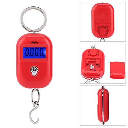 Mini Electronic Scale, Fish Weighing Scales Red Portable 25Kg/5G Hanging Scale Digital Pocket Key Chain Weight Hook Kitchen Food Weight Gauge Measuring Tools with Backlight for Home Farm Market