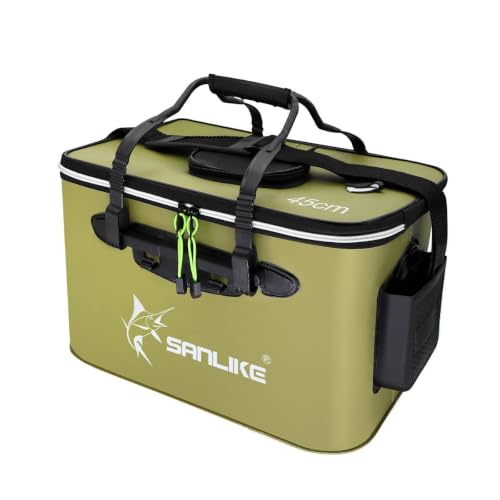 SANLIKE Foldable EVA Live Fish Bucket 35-45CM Leakproof Fishing Bait Pail | Leakproof EVA, 3 sizes. Strap, tackle pocket & mesh lid. Easy clean, dual colors for kayak bank fishing