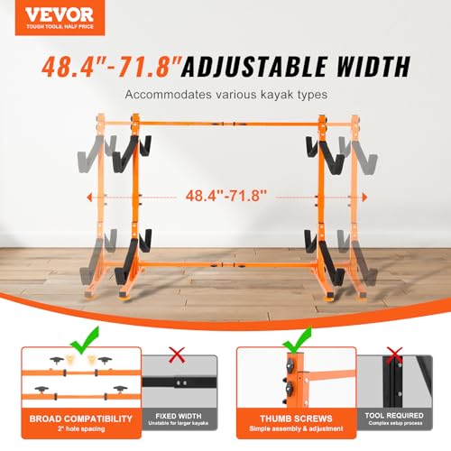 VEVOR Kayak Storage Rack, Heavy Duty Adjustable Freestanding Stand with Lockable Wheels for Indoor Outdoor Garage Shed Dock, Holder for Canoe, SUP, Surfboard & Paddleboard - style: Freestanding-4 Kayaks-orange