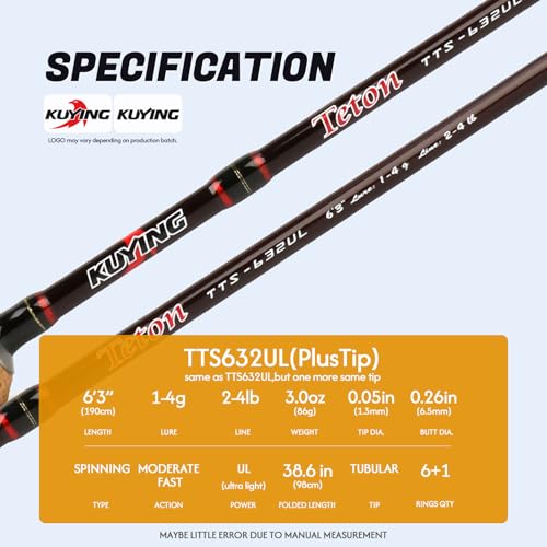 Teton 5'2"-6'6" BFS Fishing Rod Casting & Spinning, Ultra Light Rods, 40T Carbon Fiber Blank, Fuji Guides & Reel Seat, MF Fast Action, 2 Piece Travel Trout Lure Pole - size: Spin 6'3"-UL-M Fast-TTS632UL(PlusTip)
