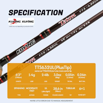 Teton 5'2"-6'6" BFS Fishing Rod Casting & Spinning, Ultra Light Rods, 40T Carbon Fiber Blank, Fuji Guides & Reel Seat, MF Fast Action, 2 Piece Travel Trout Lure Pole - size: Spin 6'3"-UL-M Fast-TTS632UL(PlusTip)