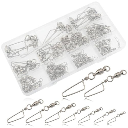 110pcs-9Sizes Ball Bearing Swivels with Coast Lock Snap Assortment for Bass Fishing Saltwater Inshore Trolling Quick Lure Change Leader Line Connector