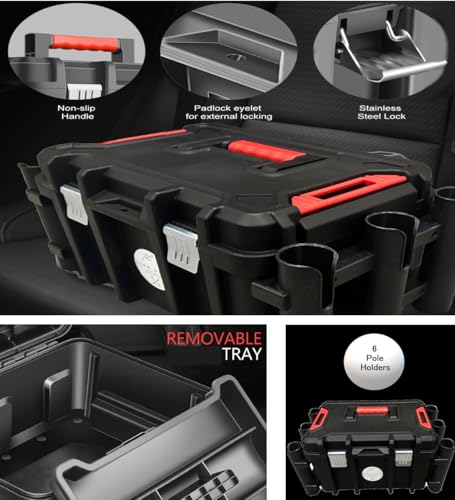 Kayak Fishing Crate - 6 Integrated Rod Pole Holders, Tackle Box Accessory Storage Area and Tray with Lockable Lid - No Assembly Required!