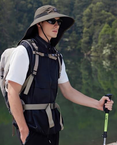 HUAMULAN Men Summer Sun Hat Women Safari Wide Brim Fishing Hats UV Protection Neck Flap Bucket Gardening Hiking Hunting Cap - color: Armygreen With Black Mesh