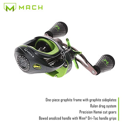 Lew's MACH 2 Baitcast Reel and Fishing Rod Combo, IM8 Graphite Blank Fishing Rod, Winn Dri-Tac Ultra Handle, Black/Green - size: 7'0"