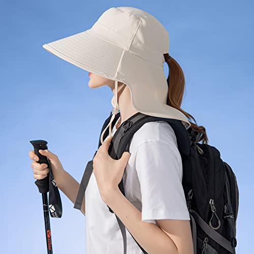 HUAMULAN Men Summer Sun Hat Women Safari Wide Brim Fishing Hats UV Protection Neck Flap Bucket Gardening Hiking Hunting Cap - color: Bg8112-beige