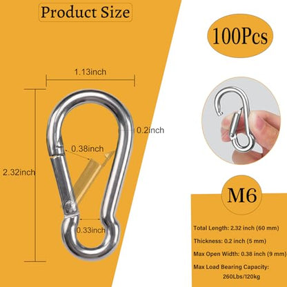 Heavy-Duty Carabiner Clip 1.57"–5.5", Black/Silver Spring Snap Hook, Quick Link Keychain Clip for Keys, Swing Set, Camping, Fishing, Hiking & Traveling (120–1350 lbs) - color: Silver, size: 2.32Inch(M6)-100PCS