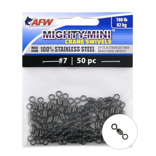 AFW American Fishing Wire Fishing Swivels - Mighty Mini 100% Stainless Steel Crane Swivels, 3X Stronger Than Brass, for Terminal Tackle Box, Up to 600lb Test - Fishing Gear for Fishing Line Leaders - size: 50 Pieces, 180 Pound Test