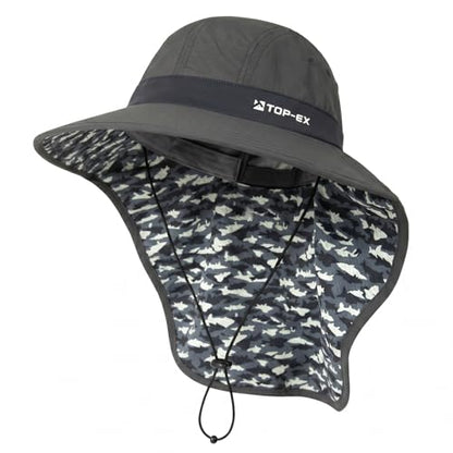 TOP-EX Cooling Sun Hat with Neck Flap – UPF 50+ Wide Brim Breathable Hat for Hiking, Fishing & Big Heads - color: Dark Grey - Fish Camo, size: Medium-Large