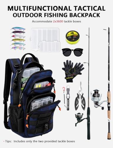 2 in 1 Compact Tactical Fishing Backpack with Tackle Boxes, Lightweight Waterproof Tackle Bag Fit 2 * 3600 Tackle Boxes, 2 Rod Holders Storage, Fishing Accessories Gift for Men Blue - color: Blue
