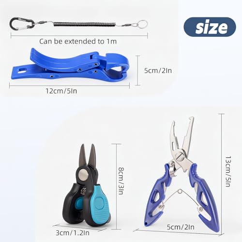 4pc Fishing Tool Kit, Fishing Serrated Scissors , Multifunctional Pliers, Lip Gripper,Retractable lanyard, Resistant Saltwater Accessories & Equipment, for Hook Remover, Inshore & Nearshore