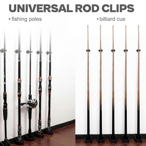 20 Pcs Fishing Rod Clips Kit Upgrade 10 Adjustable Fishing Pole Rod Holder Clips and 10 Fixing Brackets, Billiards Cue Clip Pole Rods Holder Snooker Pool Cue for Wall Mounted Accessories