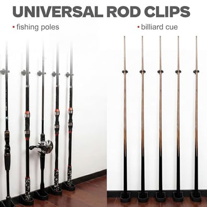 20 Pcs Fishing Rod Clips Kit Upgrade 10 Adjustable Fishing Pole Rod Holder Clips and 10 Fixing Brackets, Billiards Cue Clip Pole Rods Holder Snooker Pool Cue for Wall Mounted Accessories