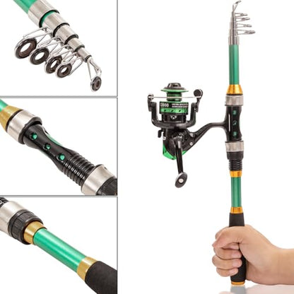 I00000 Fishing Rod and Reel Combos with Fiberglass Telescopic Fishing Pole - Spinning Reel Fishing Carrier Bag, Freshwater and Saltwater Fishing Rod Kit,Travel Fishing Kit for Bass Trout - color: Green