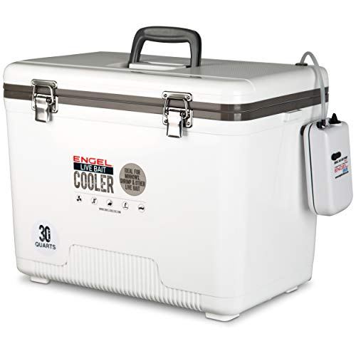 Engel Live Bait Cooler Box with 2nd Gen 2-Speed Aerator Pump - Portable Fishing Station & Minnow Bucket for Shrimp & Other Live Fish with Aerator - ENGLBC-N - color: White, size: 30 Quart