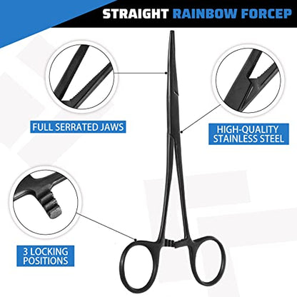 BBTO Hemostat Curved and Straight Hemostat Forceps Piercing Pliers Forceps, Stainless Steel Straight and Curved Pliers, Fishing Tweezer(Black,2 Pcs) - color: Black