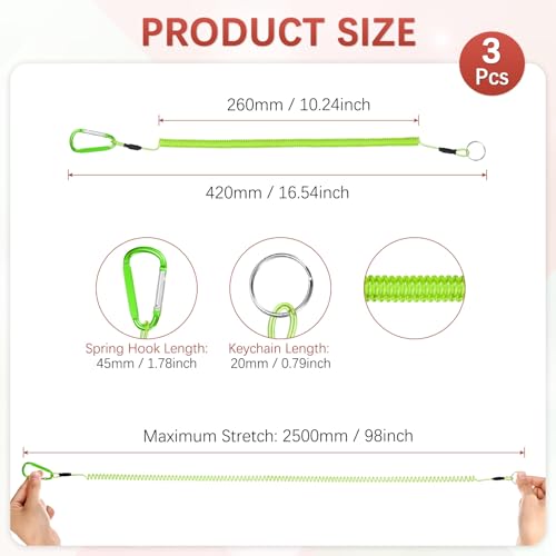 16.54IN Retractable Safety Coiled Lanyard [3PCS] - Steel Wire Fishing Rod Safety Lanyard Use for Pliers Boating - color: Green