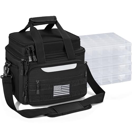 Fishing Tackle Bags with 4 * 3600 Tackle Boxes - Saltwater & Freshwater Compatible, Water Resistant & Durable Fishing Bags with Padded Shoulder Strap-Pliers and Gear Storage (Black) - color: Black, style: With 4 Tackle Boxes