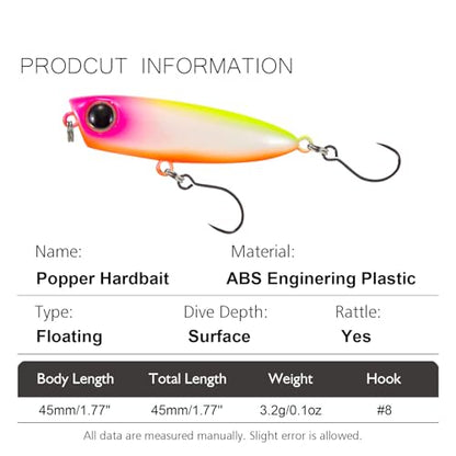 COUNTBASS 45mm 3.2g (1.77'' 0.1oz) Popper Hardbaits with Single Hook Topwater Surface Fishing Lures - color: 06