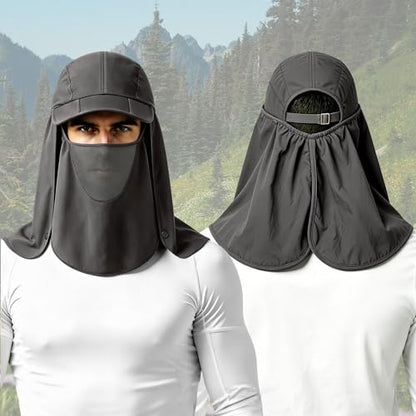 2Pack Men’s Foldable Sun Hat with Removable Face Mask & Neck Flap, UPF 50+ UV Protection, Quick-Drying Outdoor Fishing Cap - color: Dark Grey+khaki