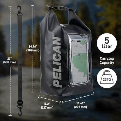 Pelican Marine IP68 Waterproof Dry Bag 5L with Phone Pouch/Case - Black | Roll Top Waterproof Backpack with Touchscreen Phone Pouch - Swimming, Kayaking, Camping, Rafting, Fishing & Travel Essentials - color: Stealth Black, size: 5L