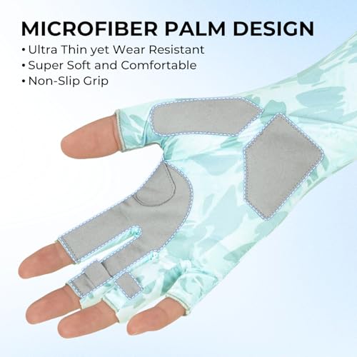 KastKing Agies Fishing Gloves Men, UPF 50+ Sun Gloves UV Protection, Cooling Quick-Dry 3/4 Fingerless Gloves with Extended Cuff, Microfiber Palm & Pull Tabs, for Fishing, Kayaking, Hiking, Hunting - color: X Camo-Pale Blue, size: Small-Medium