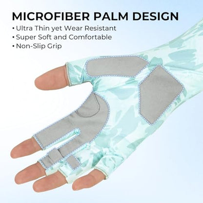 KastKing Agies Fishing Gloves Men, UPF 50+ Sun Gloves UV Protection, Cooling Quick-Dry 3/4 Fingerless Gloves with Extended Cuff, Microfiber Palm & Pull Tabs, for Fishing, Kayaking, Hiking, Hunting - color: X Camo-Pale Blue, size: Large-X-Large