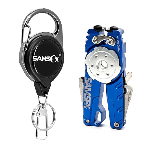 SAMSFX Fishing Tungsten Line Cutter with Zinger Retractors, Fishing Pliers Cutters, Knot Tying Tool, Hook Eye Cleaner, Hook Sharpener - color: B: Blue Line Cutter with Retractor