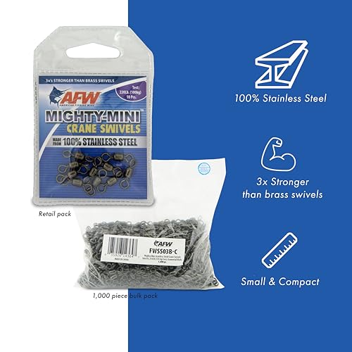 AFW American Fishing Wire Fishing Swivels - Mighty Mini 100% Stainless Steel Crane Swivels, 3X Stronger Than Brass, for Terminal Tackle Box, Up to 600lb Test - Fishing Gear for Fishing Line Leaders - size: 50 Pieces, 100 Pound Test