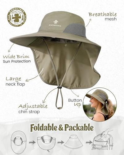 Camptrace Sun Hats for Women Men UPF 50+ UV Protection Wide Brim Hiking Fishing Hat with Neck Flap - color: 08-dark Khaki
