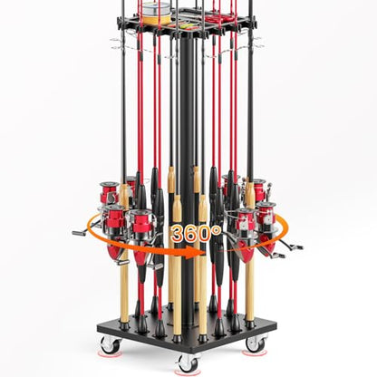Fishing Rod Holder Rack with 360° Rotating Base – 16 poles Capacity,multi-purpose Rod Storage Rack,Easy Install & Durable Wooden Vertical Fishing Pole Holders for Ground,Black - color: Upgraded Black