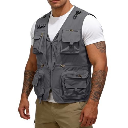 Men's Fishing Vest Casual Utility Lightweight Cargo Vest with Multi Pockets Outdoor Safari Photo Travel Jacket Vest - color: Y003- Gray, size: Small