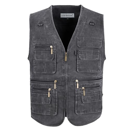 Men's Stone Washed Denim Multi-pocketed Fishing Work Outerwear Vest - color: Black, size: Medium