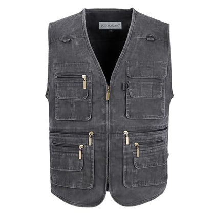 Men's Stone Washed Denim Multi-pocketed Fishing Work Outerwear Vest - color: Black, size: Medium
