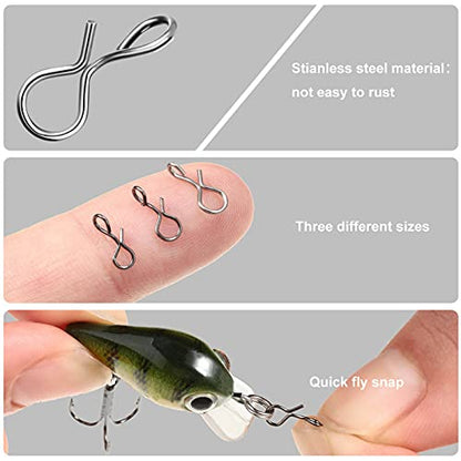 Skylety 300 Pieces Fly Fishing Snaps Stainless Steel Quick Change Fly Fishing Snaps No Knot Fast Clip Lure Connector for Flies Jigs Hooks Trout Lures Clip Swivels Terminal Tackle Mixed Sizes