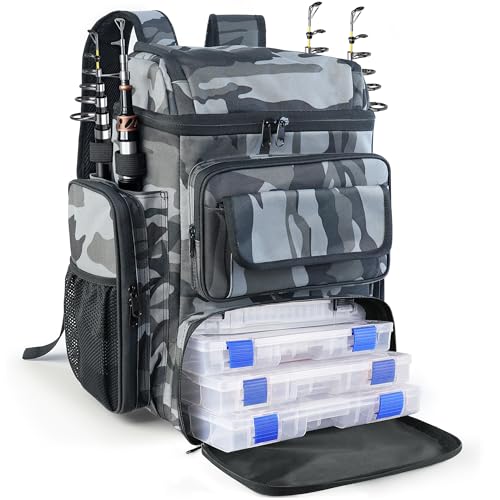 Fishing Tackle Backpack With Rod Holders,45L Large Tackle Bag & Fishing Tackle Backpack for Fishing,Camping, Hiking,Camouflage Gray - color: Camouflage Gray