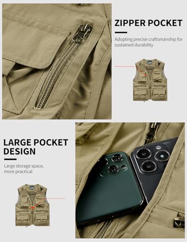 Gihuo Mens Fishing Vest Lightweight Utility Vests Cargo Outdoor Safari Travel Vest with Pockets - color: Khaki, size: X-Large