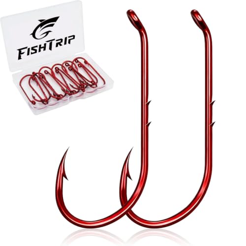 FishTrip 100pcs Baitholder Fishing Hooks, Double Barbed Long Shank Offset Bait Holder Fish Hook for Fishing Rigs Freshwater Saltwater Red #8-6/0 - size: 5/0_100pcs