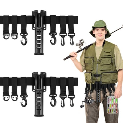 2 Pcs Fishing Rod Holder Belts, Adjustable Fishing Rod Holsters, Waist Wading Belts for Men, Includes 6 Moveable Hooks and 1 Portable Pole Inserter, Fly Fishing Gear for Casting Spinning