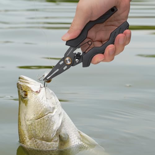 TRUSCEND Easy Use Lockable Fishing Pliers with Tungsten Carbide Cutter, Innovative Ergonomic Handy Handle, Saltwater Corrosion Resistant Teflon Coated Fishing Tool, Light Multi-Function Fishing Gear - color: E2-black