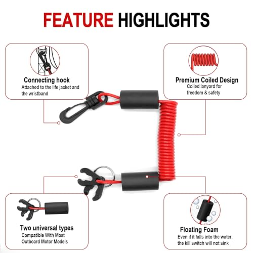 Floatable Boat Kill Switch Lanyard with Backup Key & Flotation Foam - color: Red
