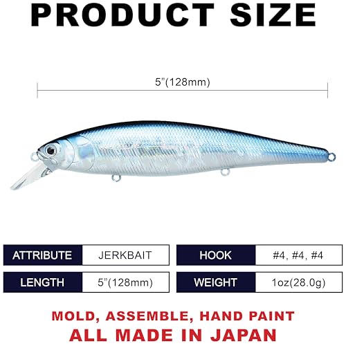 LUCKY CRAFT Pointer 128SP, Freshwater Lake Bass Fishing Lure, Jerkbait, Suspending, Fishing Gear, Fishing Accessories, Fishing Tackle - color: 052 Aurora Black