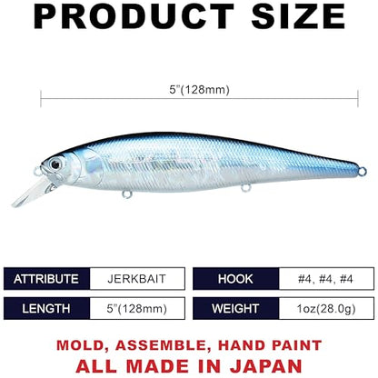 LUCKY CRAFT Pointer 128SP, Freshwater Lake Bass Fishing Lure, Jerkbait, Suspending, Fishing Gear, Fishing Accessories, Fishing Tackle - color: 052 Aurora Black