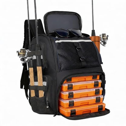 45L Fishing Tackle Backpack with Rod Holders, Waterproof Large Fishing Back Pack Storage Bags & Wraps Gear And Equipment for Men for Camping Hiking, Bottle Holder - color: Black