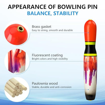 QualyQualy Catfish Fishing Bobbers, Weighted Catfish Pole Floats/LED Fsihing Bobber, 3PCS High Visibility Wood Pole Fishing Float - color: C-White Bowling Pin, size: 6"-3Pcs