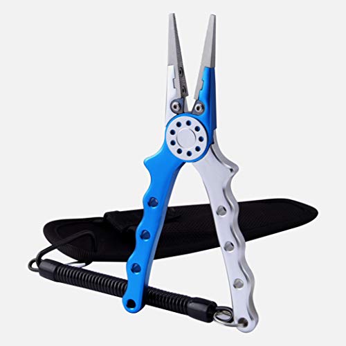 Professional Saltwater/Fresh Water Aluminum Fishing Pliers Tungsten Carbide Cutters Hook Remover with Sheath and Lanyard - color: Blue