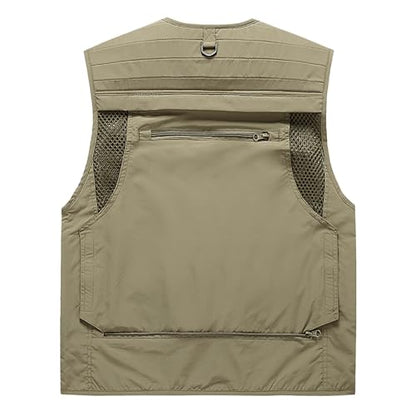 Saukiee Mens Vest Lightweight Vest Men Fishing Travel Work Pesca Safari Combat Hunting Cargo Vest Jacket with Pockets M - color: Khaki, size: Large