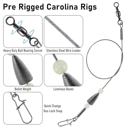 Dr.Fish 15 Pack Carolina Ready Rigs 10'' for Bass Fishing, Freshwater Fishing Wire Leader Line Pre-Rigged Bullet Sinker Swivels - color: Lead Weights, size: 3/16oz-15 Pack