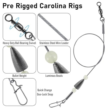 Dr.Fish 15 Pack Carolina Ready Rigs 10'' for Bass Fishing, Freshwater Fishing Wire Leader Line Pre-Rigged Bullet Sinker Swivels - color: Lead Weights, size: 3/16oz-15 Pack